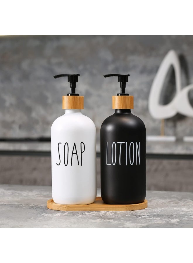 طقم موزعات صابون ولوسيون بقاعدة خشب – لون أبيض وأسود - Image 2